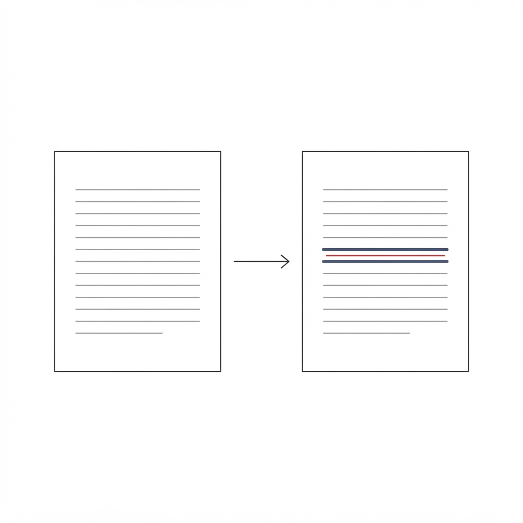 Ilustración de dos paneles de documento conectados por una flecha, con una línea reescrita y subrayada en violeta